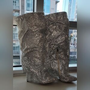 New York Heiress Custom Order Silver Crystal Rhinestone Diamante Knee Boots